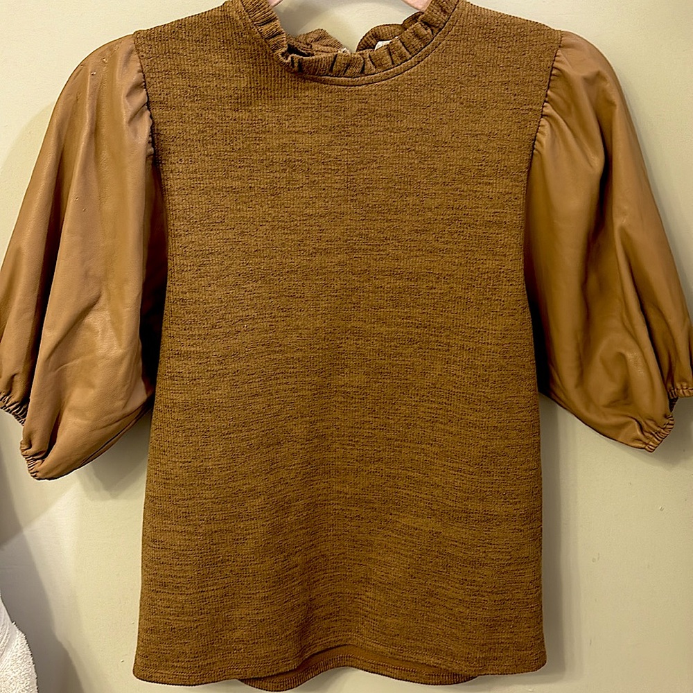 Brown/tan color, size S, sweater material with leather sleeves